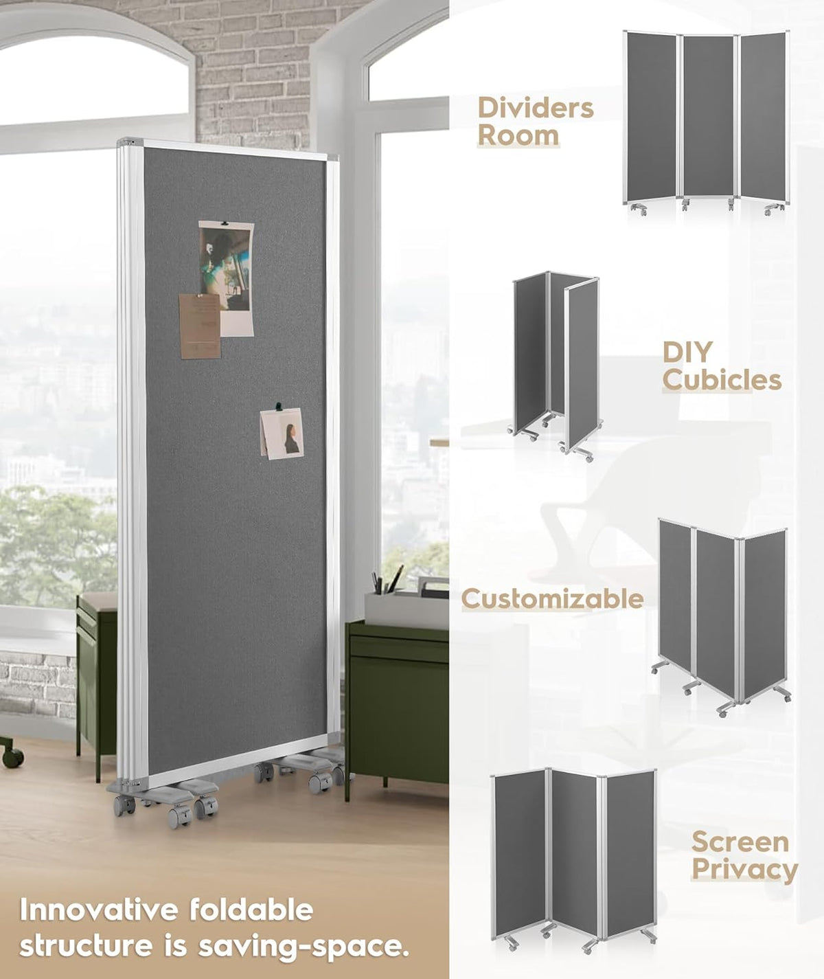 Flodable Wall Partition Sliding Office Dividers Workstation Privacy Panels Freestanding Rolling Screen,Grey Fabric,71" H x 24" W,Locking Wheel