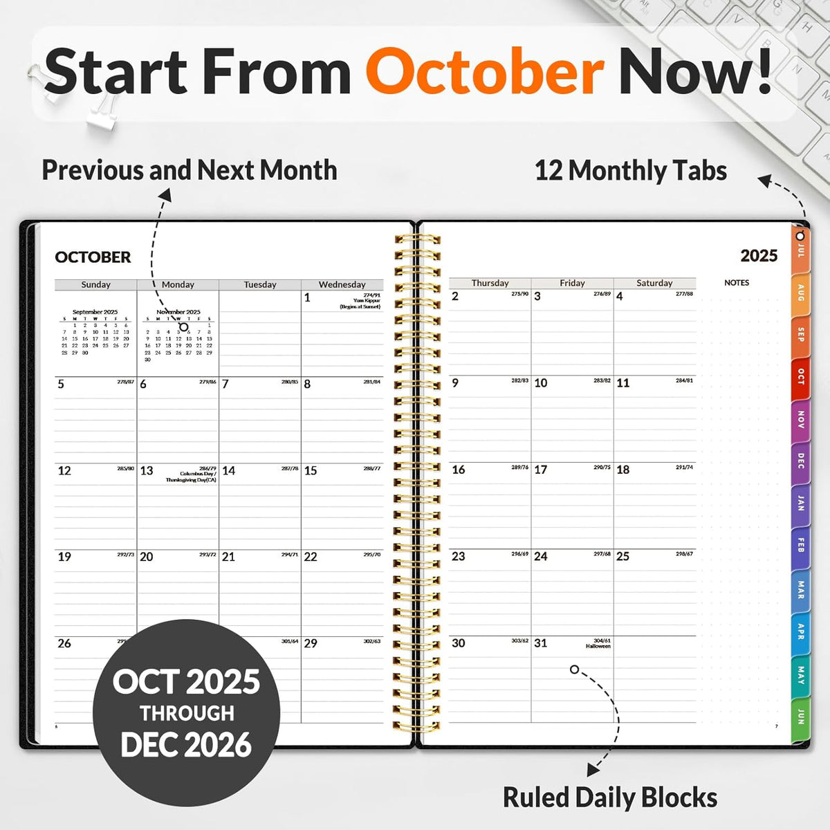 SUNEE 2026 Weekly and Monthly Planner - from January 2026 - December 2026, 8.5"x11" Daily Agenda Planner with Monthly Tab, Flexible Cover, Note Pages, Pockets, Bookmark, Spiral Binding, Black