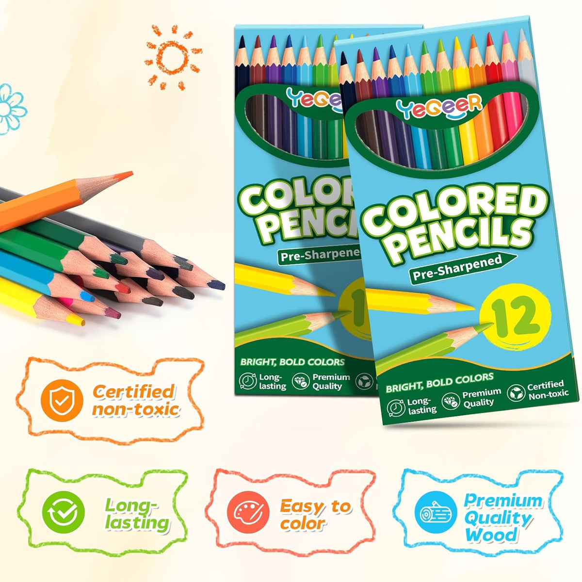 Colored Pencils Bulk, 12 Assorted Colors, Pre-sharpened Coloring Pencils Set for Kids and Adult, Teachers Essential Classroom Prizes, Back to School Supplies (18)