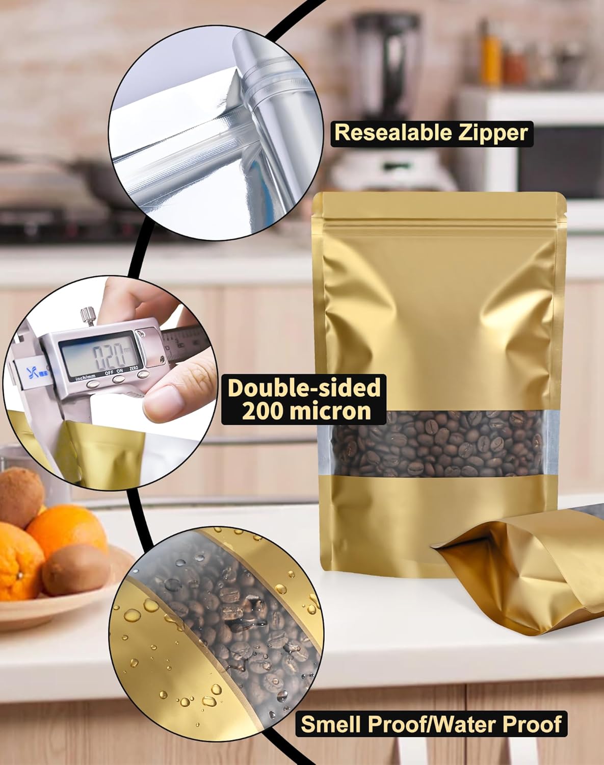 FireKylin 100 Pack Smell Proof Bags 5.9" x 8.6", Resealable Bags with Matte Window, Foil Pouch Stand Up Sealable Bags for Packaging(Gold)