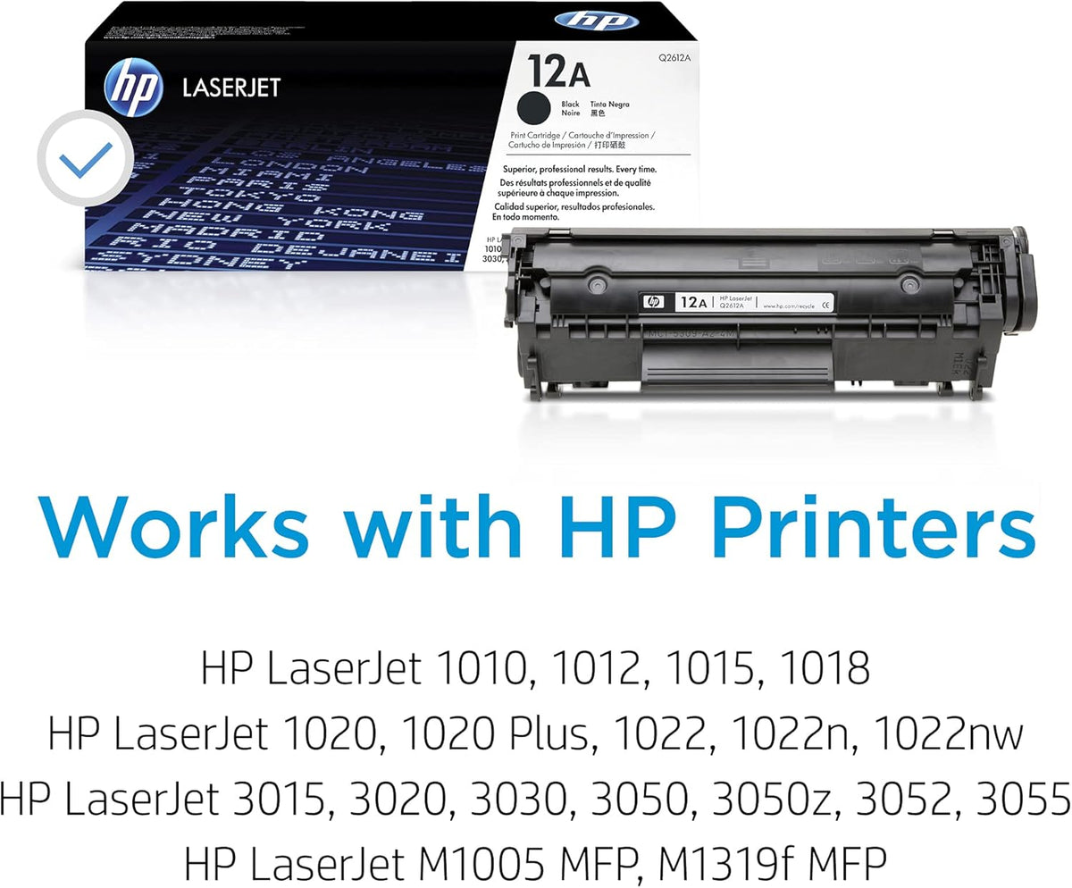 HP 12A Black Toner Cartridge | Works with HP LaserJet 1010, 1020, 3015, 3020, 3030, 3050 Series; HP LaserJet MFP M1005, M1319 Series | Q2612A