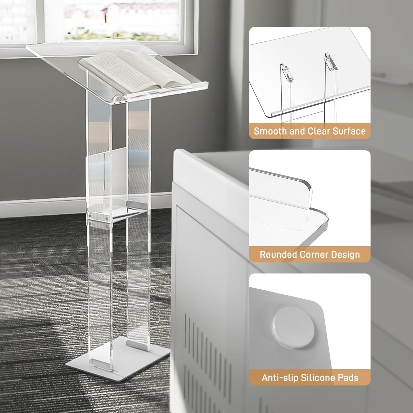 HMYHUM Acrylic Podium Stand, Clear Lecterns & Pulpits for Classroom, Weddings, Churches, Speech, with Storage Shelf, Metal Base, 23.6" L x 15.7" W x 46.1" H, Modern
