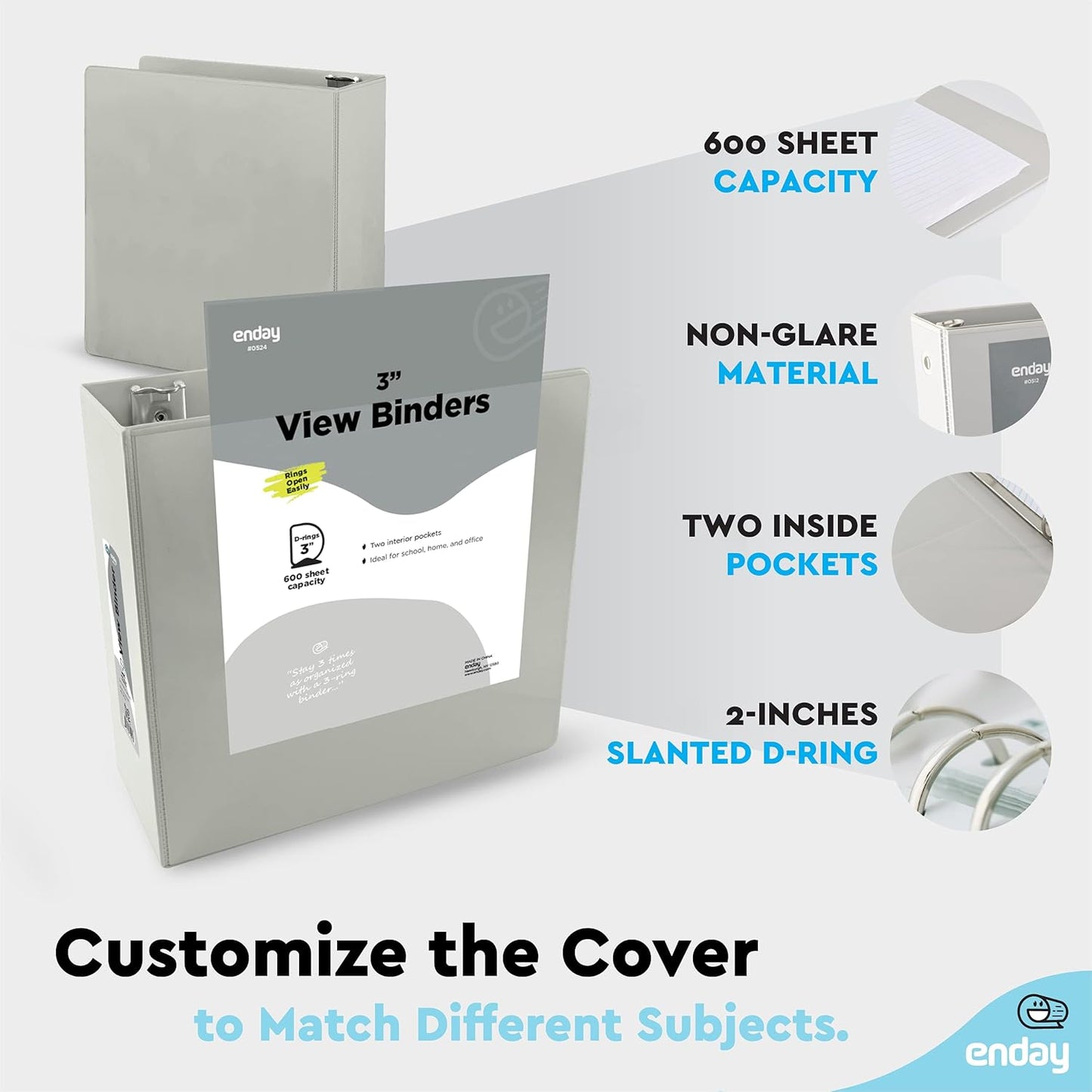 3 Slant D-Ring Binder 3 Inch Grey, 3 in Clear View Cover with 2 Inside Pockets Binder, Heavy Duty Colored School Supplies Binders,Also Available in Green, Red, Purple, Blue, Pink (24 PC) – by Enday
