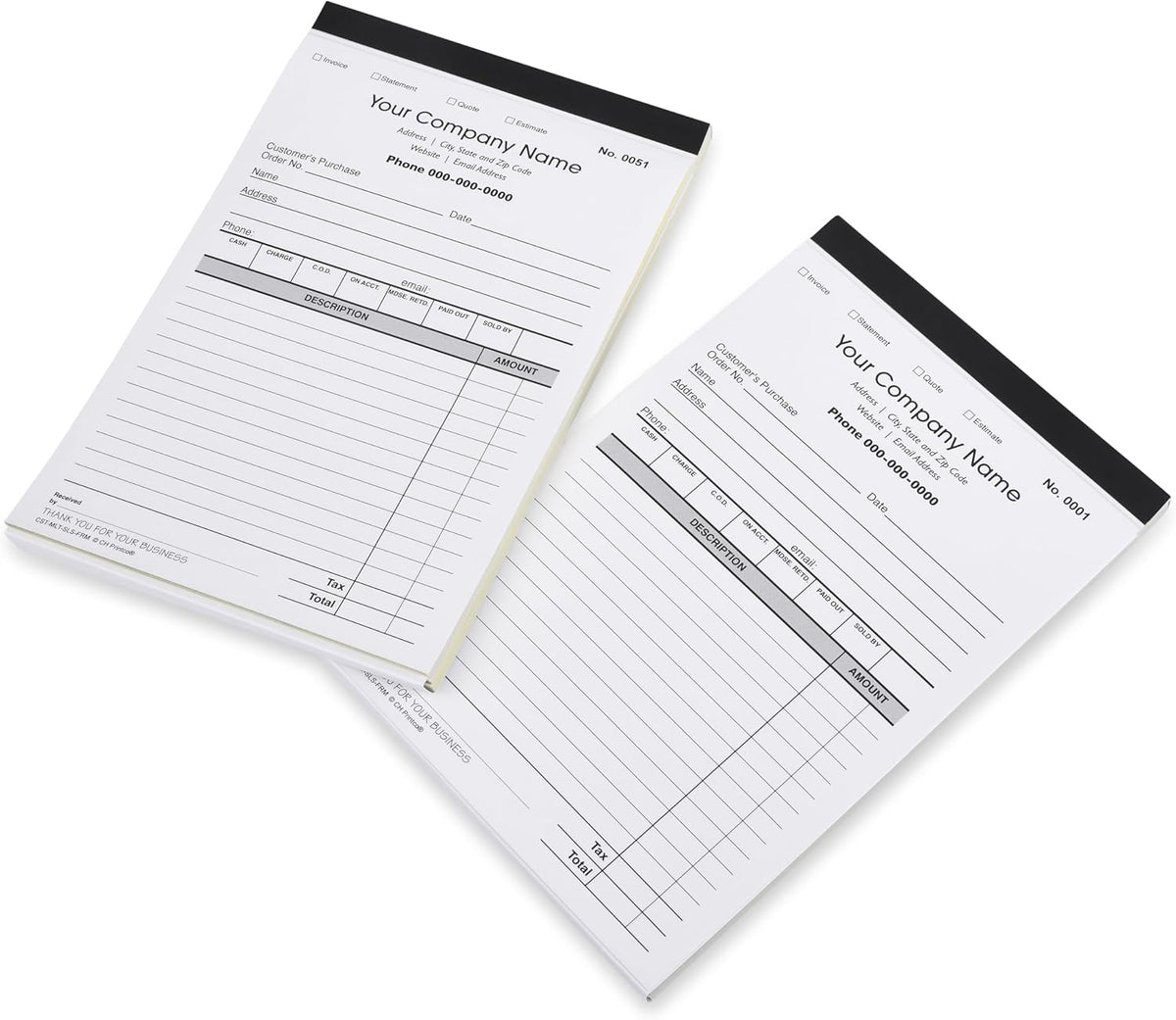 CH Printco Custom Sales, Invoice, Statement, Estimate, Quote, Personalized Multipurpose Duplicate Carbonless Form with Your Company Name - 2 Books (100 Sets) 5-1/2" Wide x 8-1/2" Tall.