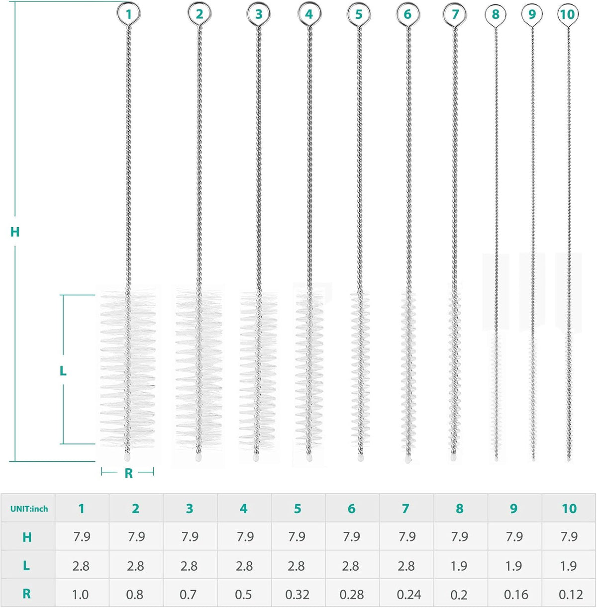 CiaraQ Bottle Cleaning Brushes, 8 Inch Nylon Tube Brush Set, Cleaner for Narrow Neck Bottles Cups with Hook, Set of 10pcs. White