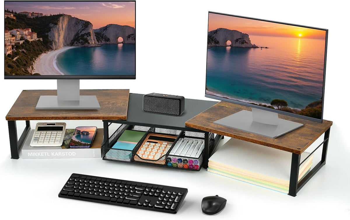 Dual Monitor Stand Riser, Desk Organizer with Drawer, Desk Organizers and Accessories, Workspace Organization Computer Monitor Stand for Laptop, Printer, TV, Office Supplies, Rustic Brown