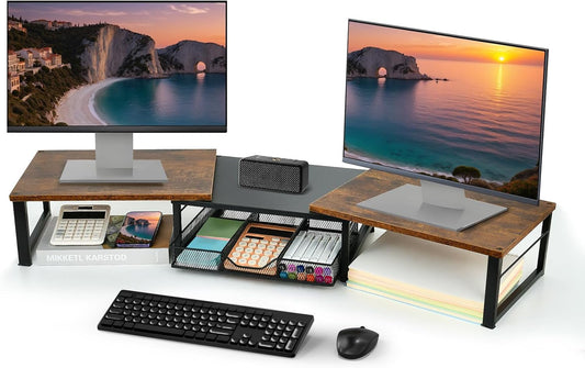 Dual Monitor Stand Riser, Desk Organizer with Drawer, Desk Organizers and Accessories, Workspace Organization Computer Monitor Stand for Laptop, Printer, TV, Office Supplies, Rustic Brown