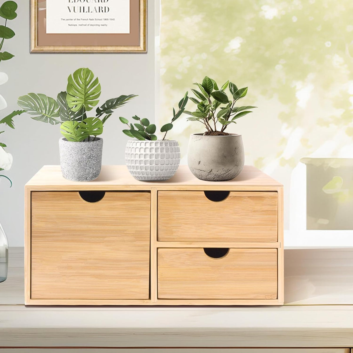 Bamboo Desk Organizer 3 Drawer with Shelf, Countertop Organizer with Drawers Makeup Storage Drawer 3 Drawers Tabletop Storage Organization Box Home Office Workspace