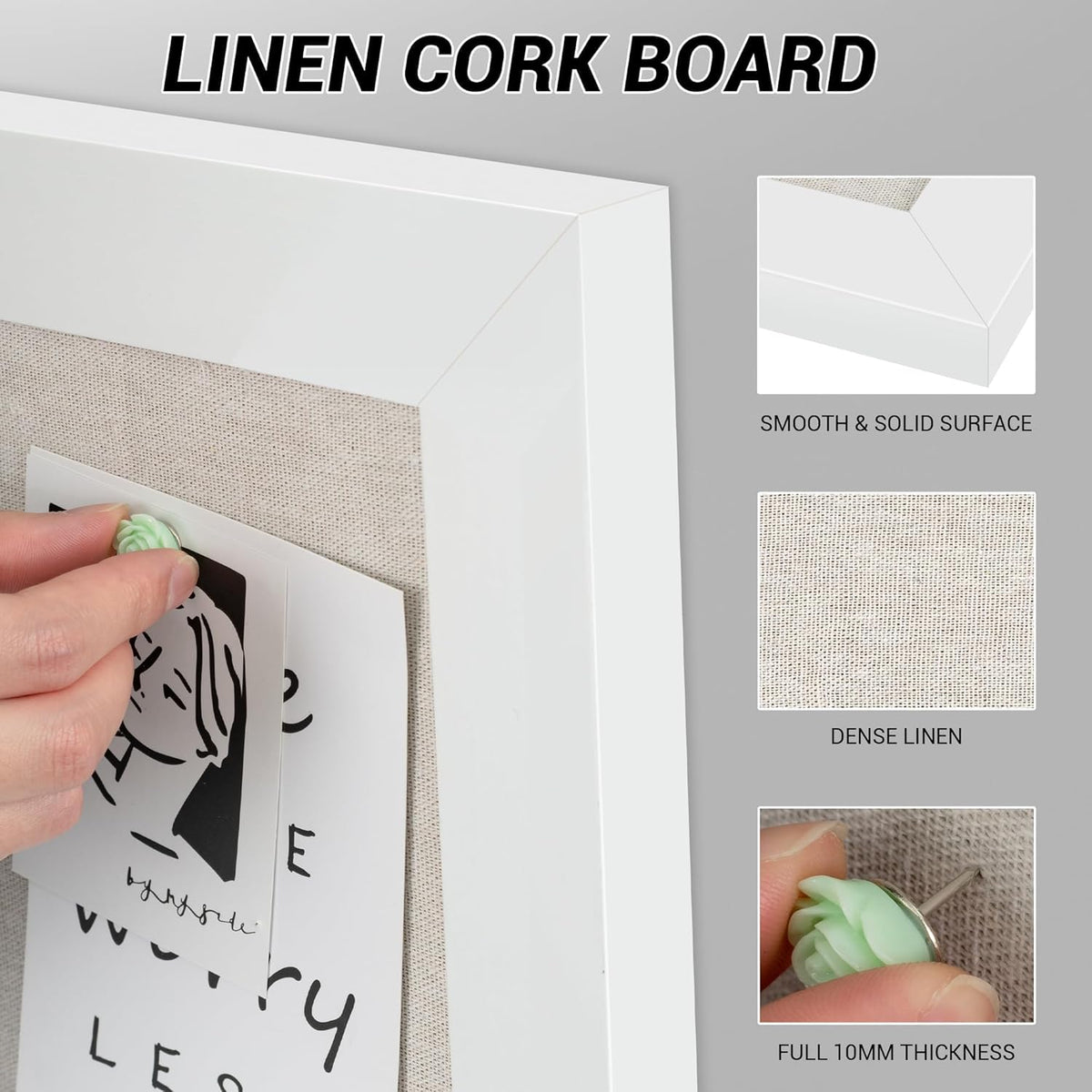 Board2by Farmhouse Linen Cork Bulletin Board 48 x 32, White Wood Framed 4 x 3 Corkboard, Office Board for Wall Decor, Large Pin Board Picture Board with 20 Pushpins for School, Home & Office