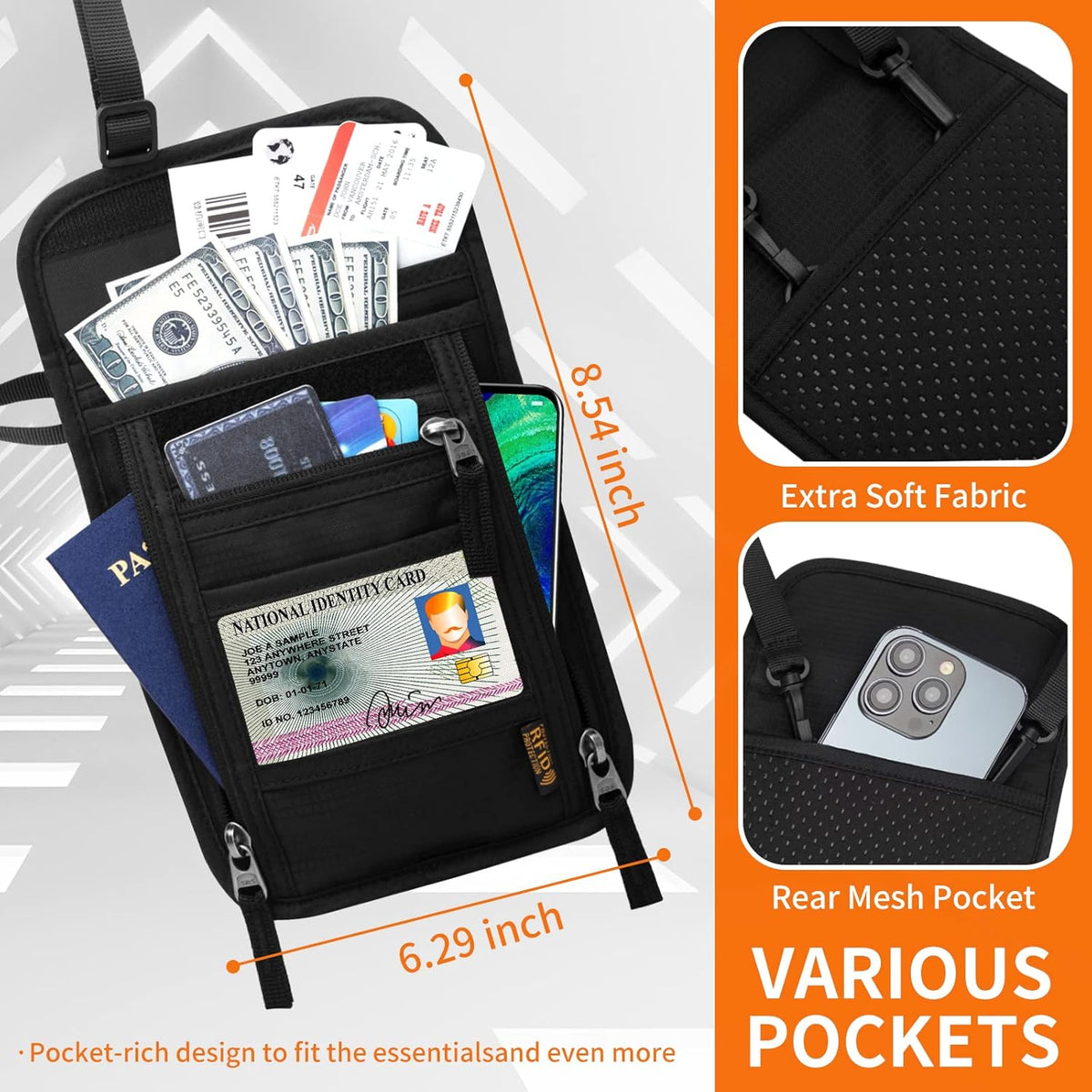 Neck Wallet for Travel,Passport Holder Neck Pouch for Men Women with Adjustable Neck Strap and RFID Blocking