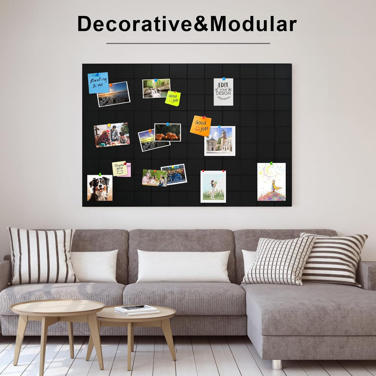 12 Pack Large Cork Board for Walls, 48" X 36" Felt Bulletin Board Tiles with 48 Safe Removable Adhesive Tabs & 60 Push Pins Board Decorative Cork Board Tack Board Wall Organizer for Office - Black