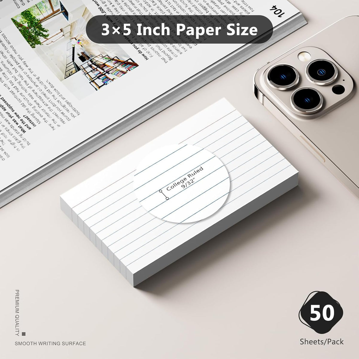 250 Count Index Cards 3 x 5 Inch, Heavyweight White Lined Note Cards Portable Ruled Flash Cards Perfect for Studying and Organizing, Note Taking Study Flashcards for Home, School and Office