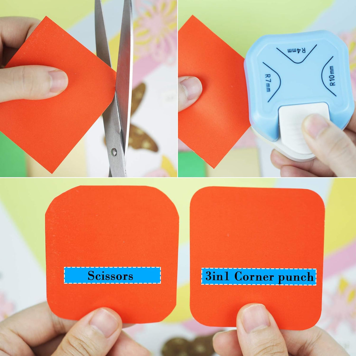 Round Corner Punch, 3 in 1-3 Way Corner Puncher Cutter for Paper Craft (R4mm+R7mm+R10mm) for Cutting Different Corners, DIY Projects, Card Making & Scrapbooking