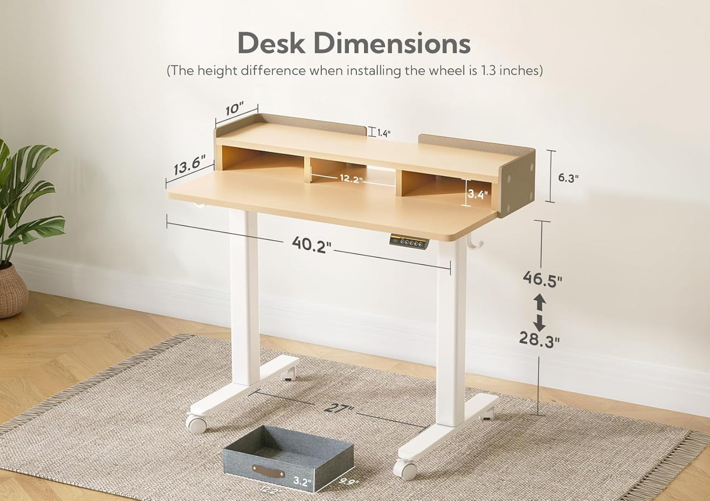 Claiks Standing Desk with Drawers, Adjustable Stand Up Electric Small Standing Desk Adjustable Height with Storage Shelf and Splice Board, 40 Inch, Natural