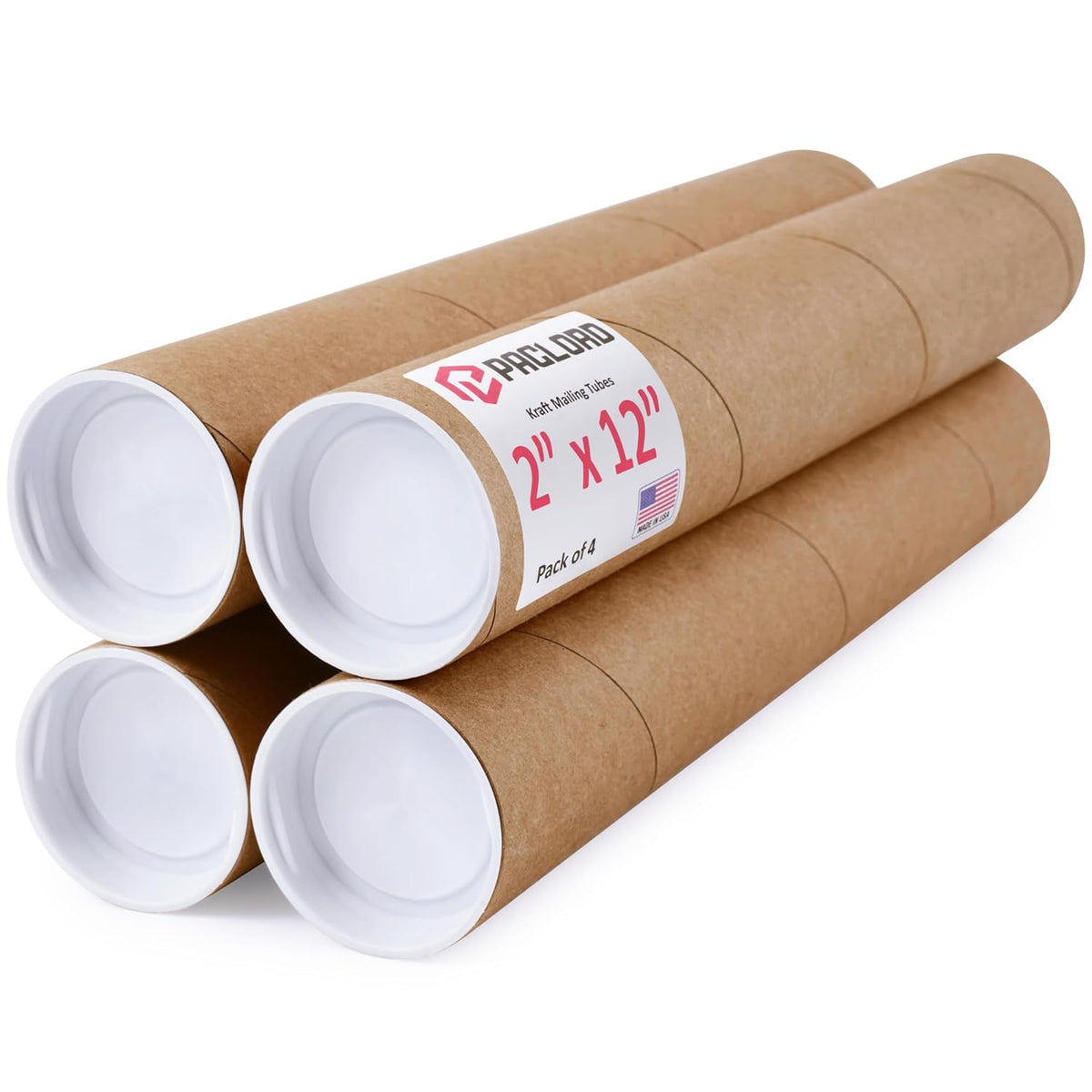 2" x 12" Reinforced Kraft Paper Mailing Tubes, Pack of 4 Tubes with 2 Caps Each – USPS Approved Poster Tube – Made in USA Cardboard Tube for Shipping and Storing Posters, Prints, Artwork, or Documents