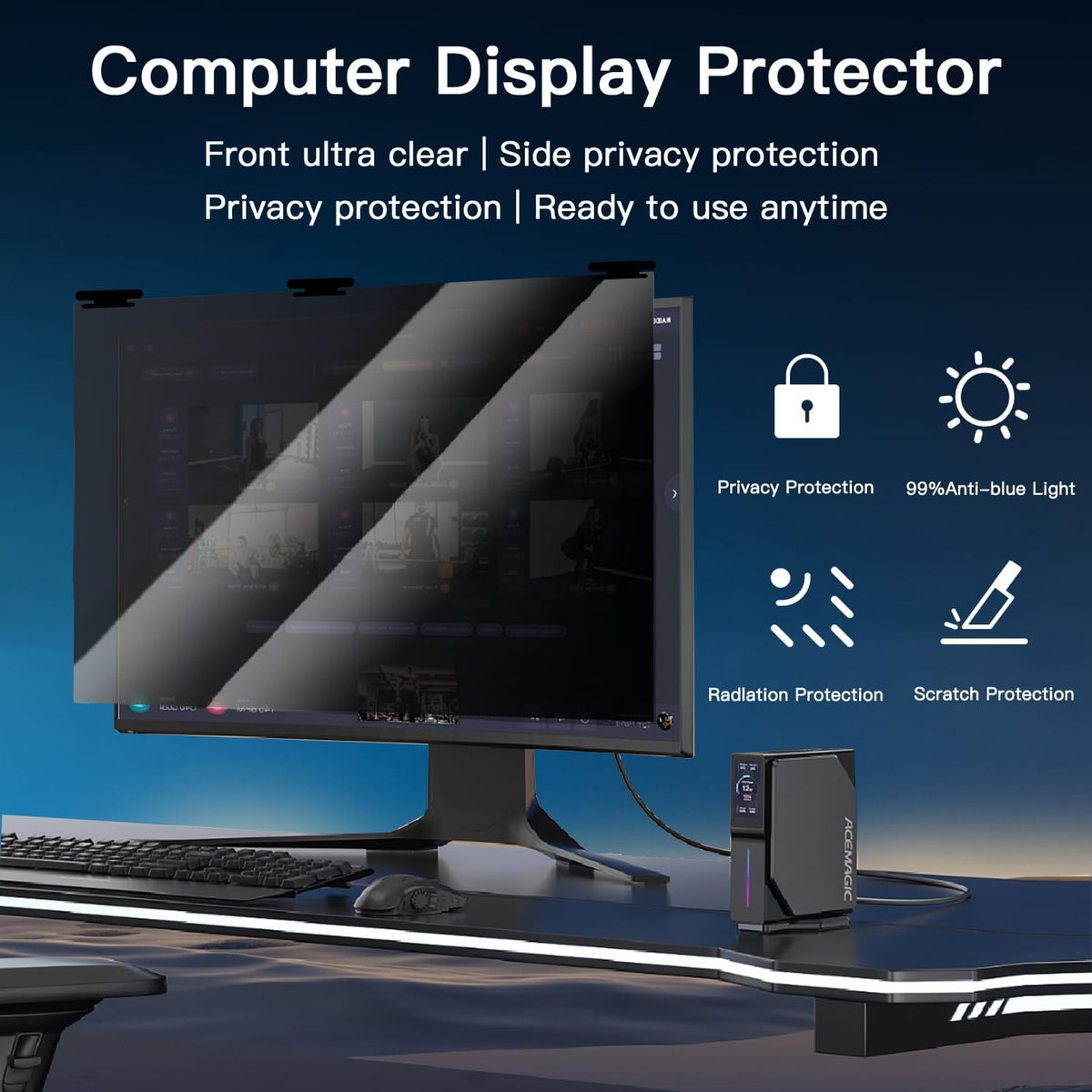[2 Pack] 2 Pack Magnetic Hanging Computer Privacy Screen 21.5 Inch for 16:9 Widescreen Monitor, Removable Privacy Screen Anti Glare Blue Light Computer Screen Privacy Shield, Anti-Scratch