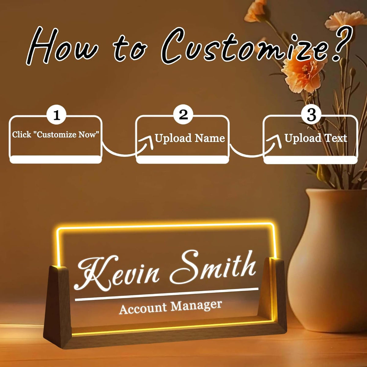 Personalized Desk Name Plate with LED Light & Wooden Base, Custom Acrylic Name Sign | Custom Office Decor & Appreciation Gifts for Boss Coworkers, New Job Promotion Gift (Style 5)