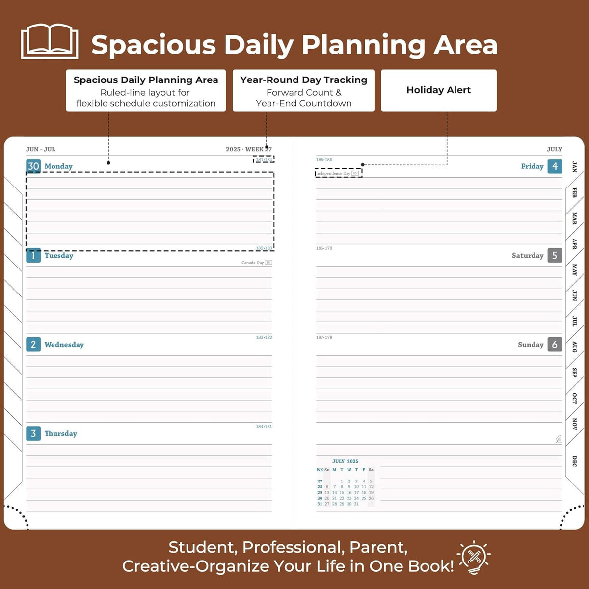 Planner 2025-2026 Daily Weekly and Monthly,8.5"x6.5",18 Months Spiral Bound Calendar Agenda with Self-adhesive Pen Holder,2026 Academic Plan with Vegan Leather Soft Cover,Brown