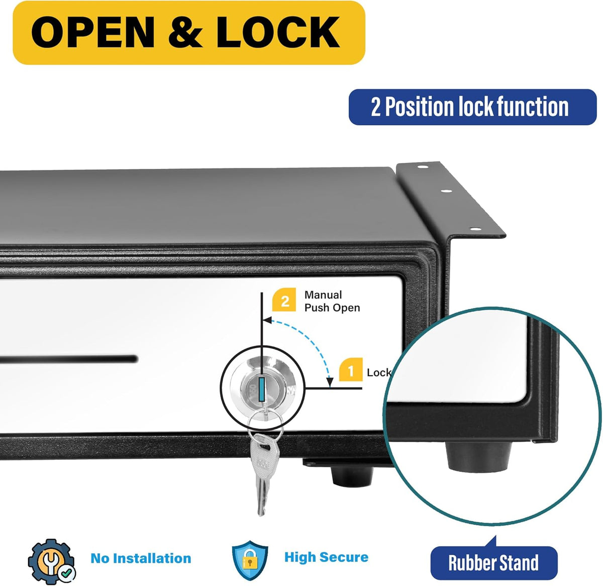 HK SYSTEMS 16" Heavy Duty Black "Push" Open Cash Drawer, 5B5C with Under Counter Mounting Metal bracket