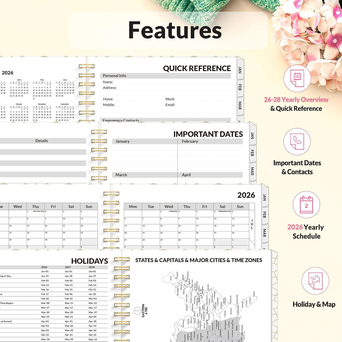 SUNEE Planner 2026 Weekly and Monthly, January 2026-December 2026, 6.4"x8.3", Tabs, Note Pages,Spiral Binding, Watercolor Flowers