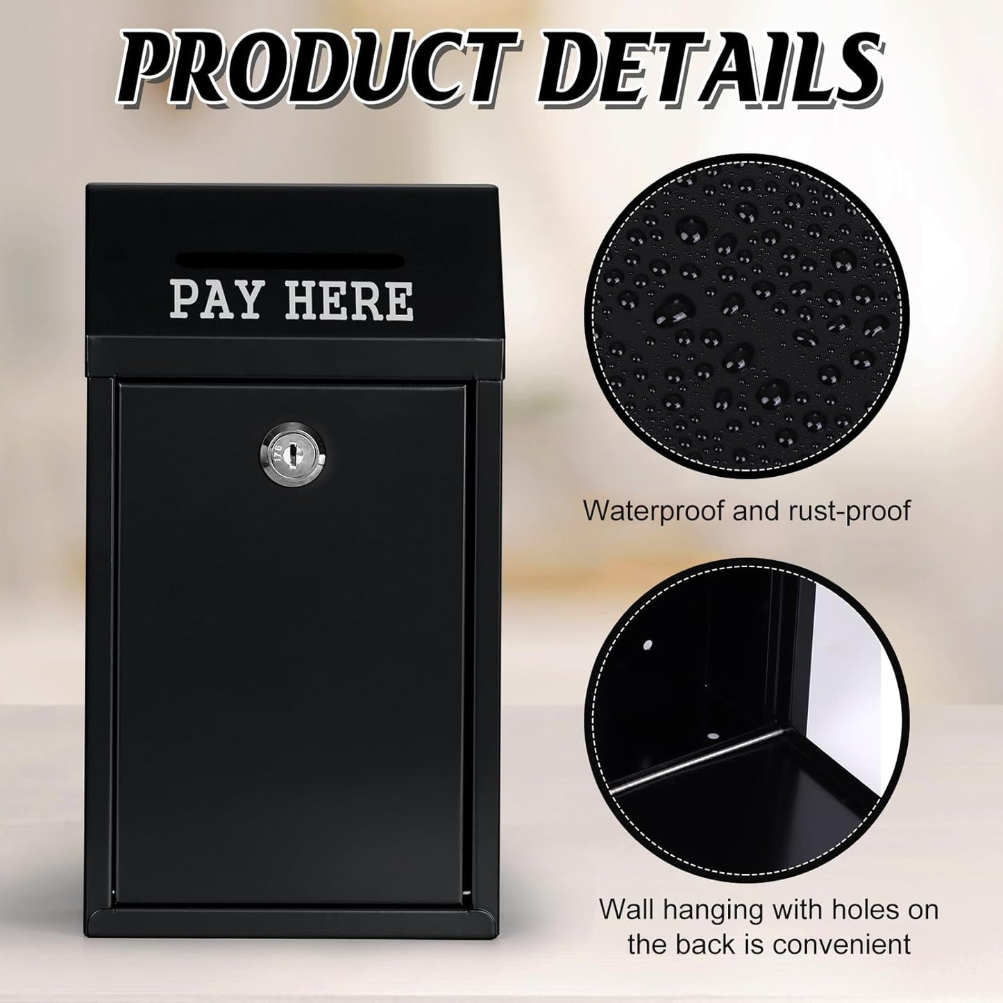 Metal Donation Box Collection Safe Suggestion Box with Lock Wall Mounted Mailbox Delivery Ballot Case Key Drop Case for Home Office Outdoor Door (Balck, 10.24 x 5.71 x 2.95 Inch)