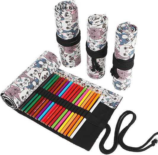 DIYOMR 24/36/72 Slots Pencil Wrap Pencil Rolls, Artist Colored Pencils Roll Up Bag Short Brushes Pouch Case Pencils Organizer for Drawing Coloring and Sketching (Big Headed Cat, 72slots)