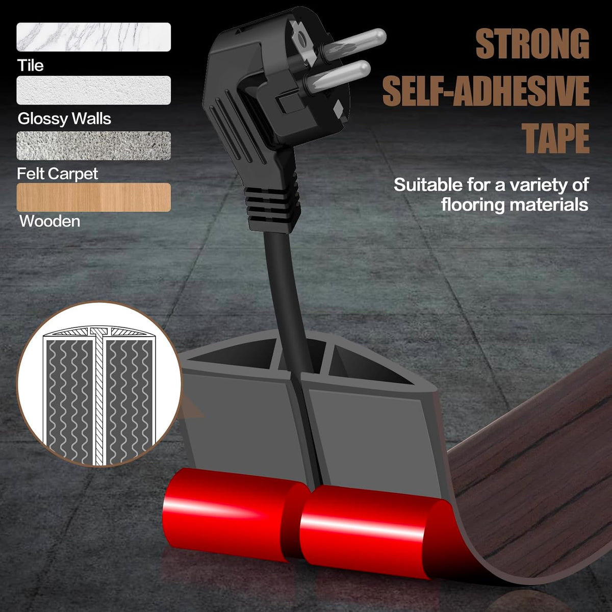 Floor Cord Cover Self Adhesive Cord Hider,3.3FT Cable Management, Extension Strip Protector for Wires, Prevent Cable Trips for Offices, Gyms, Exhibitions Cavity:0.39"(W) x 0.27"(H) Black Wood