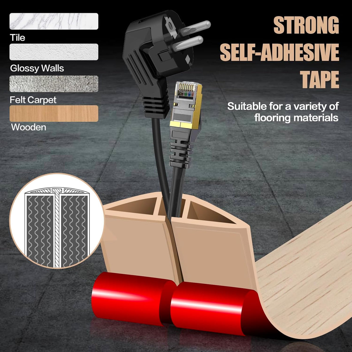 Floor Cord Cover Self Adhesive Cord Hider,10FT Cable Management, Extension Strip Protector for Wires, Prevent Cable Trips for Offices, Gyms, Exhibitions Cavity:0.3"(W) x 0.28"(H) Yellow Wood