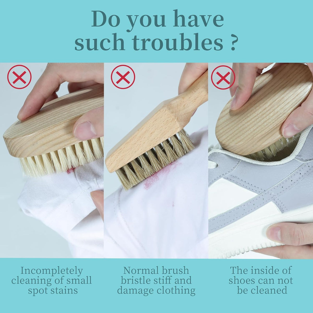 BFWood Laundry Stain Brush, Natural Soft Boar Bristles, Removes Tough Stains from Delicate Fabrics Like Knits, Cotton, and Linens, Gentle on Fabrics, No Damage