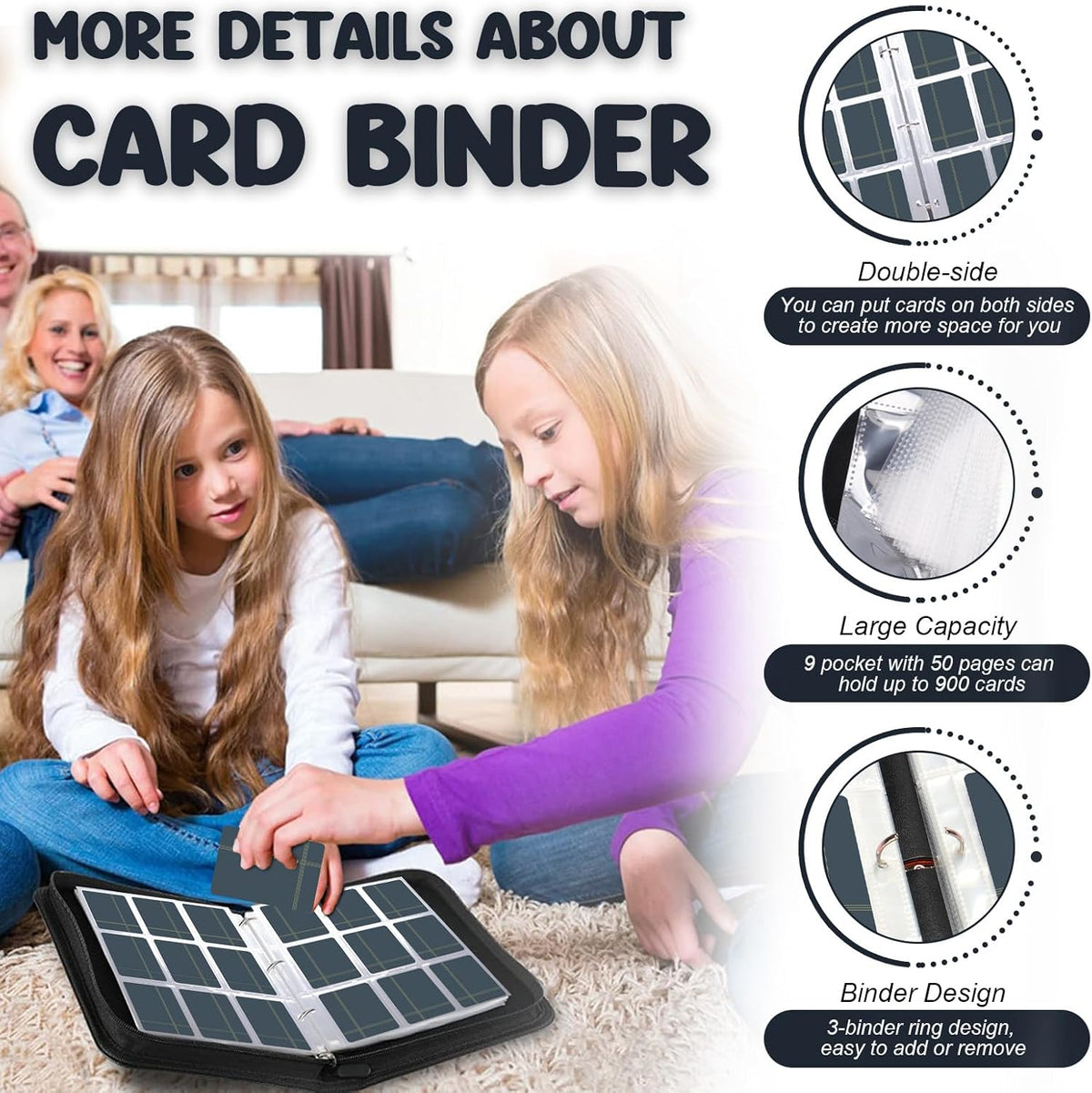 Card Binder 900 Pockets, Trading Card Binder 9-Pocket Card Holder Binder fits 900 Cards with 50 Removable Card Sleeves and Zipper Card Collection Binder for Boys and Girls Organized