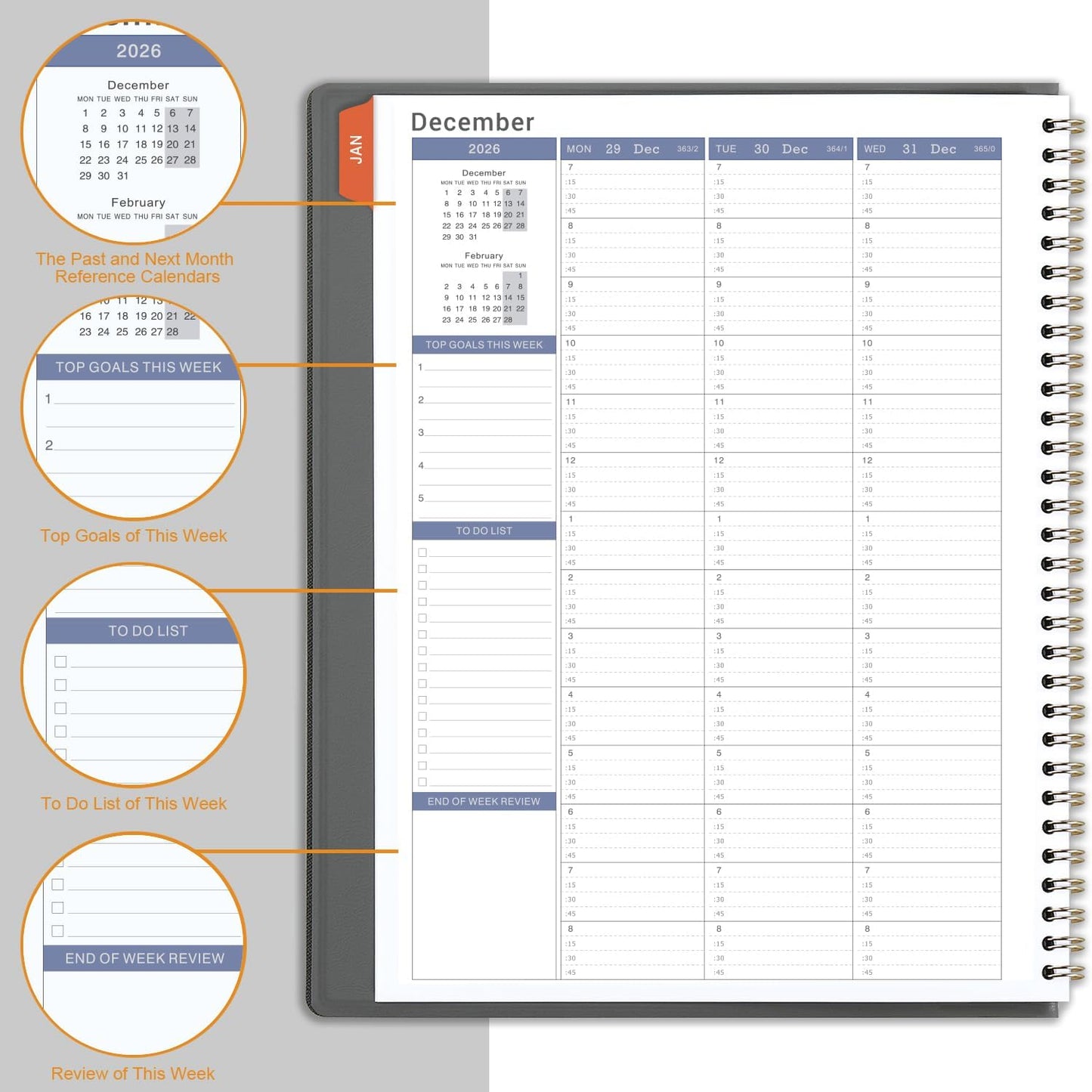 2026 Weekly Appointment Book - Daily Hourly Planner 2026, January 2026 - December 2026, 8.5" x 11", 15-Minute Interval, 12 Monthly Tabs, Flexible Soft Cover - Grey