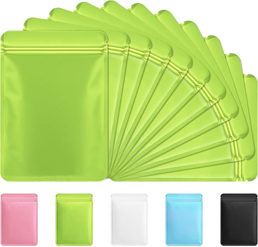 Funfery 100 Pack Green Mylar Packaging Bags Resealable Bags Double Sided Color Odor Proof Pouch Baggies Smell Proof Foil Bag for Food Storage,Small Business(Green,3x4inch)