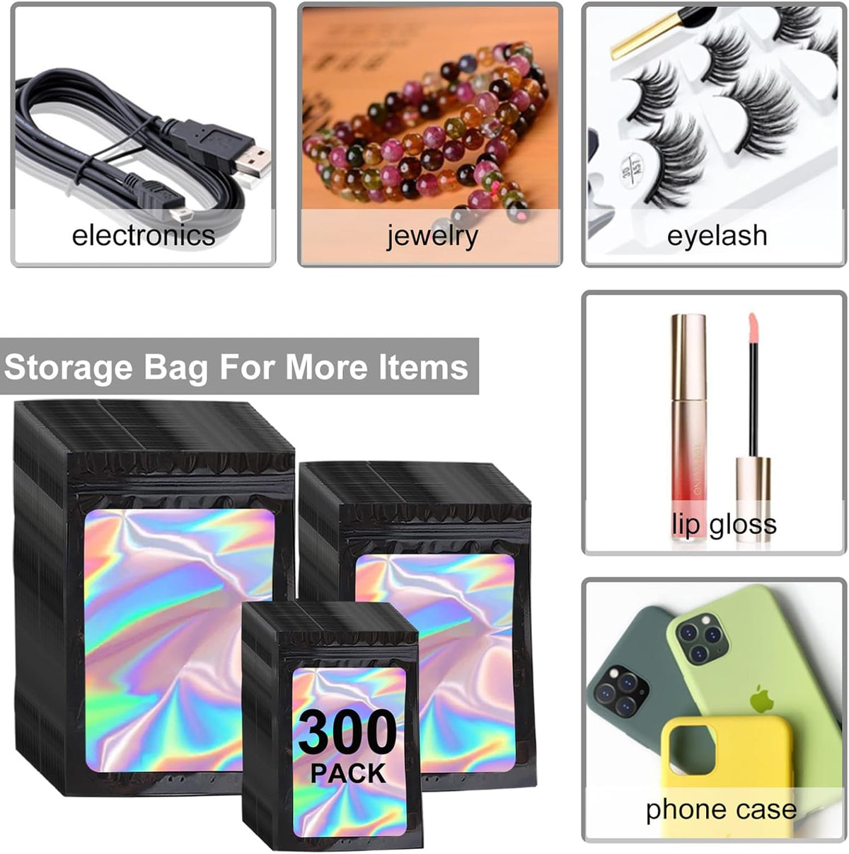 300 Pack 3 Sizes Resealable Mylar Holographic Bags Food Storage Smell Proof Bags with Front Window Packaging Pouch for Sample Snack Cookies Jewelry (Black, 3 x 4.7 inch,4 x 6 inch,4.7 x 7.9 inch)