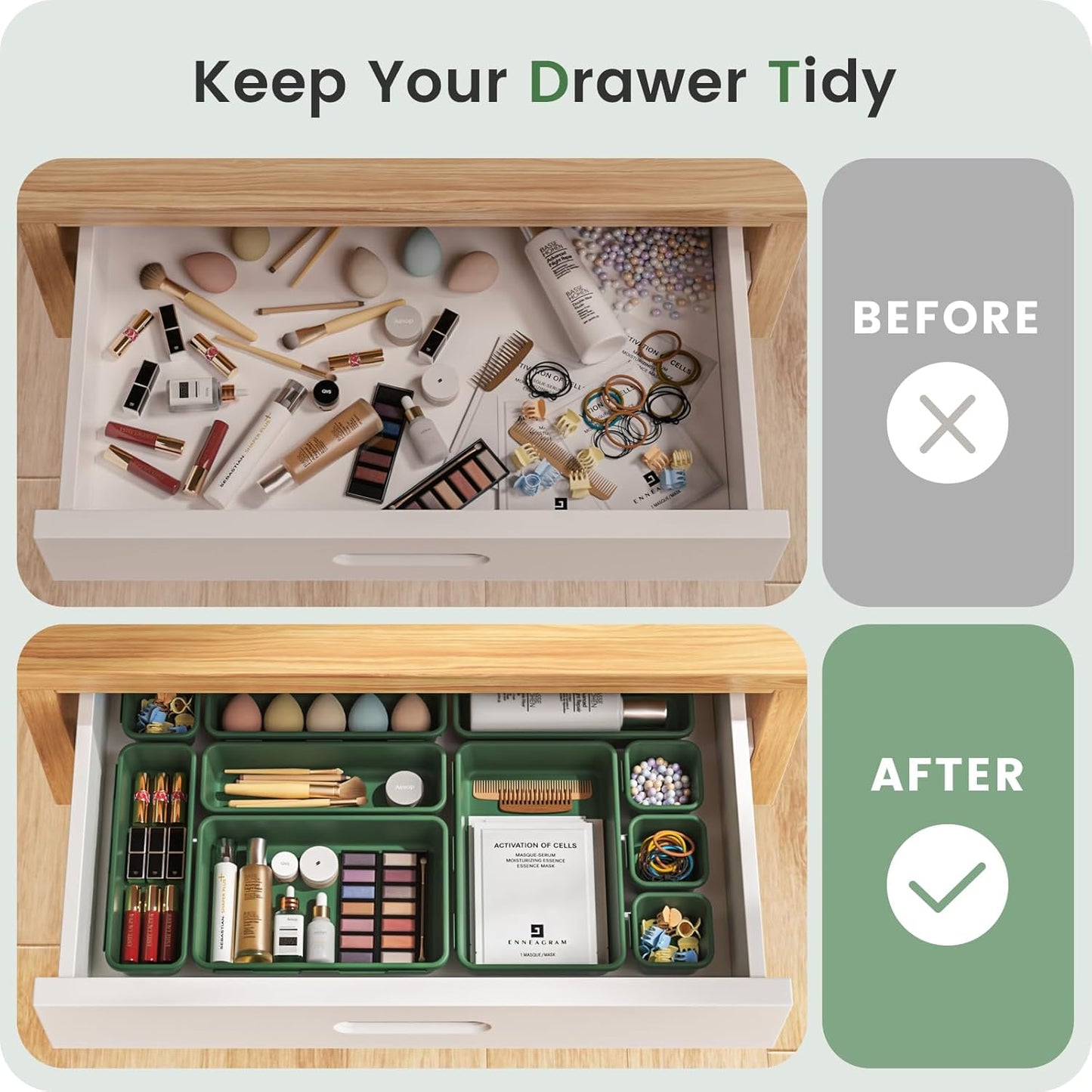 【28PCS】A-LUGEI Drawer Organizer, Bathroom Organizers and Storage, Makeup organizer, Desk drawer organizer, Storage Bins for Kitchen Office Bedroom Vanity Jewelry Pantry Garage【ArmyGreen】【4Size】