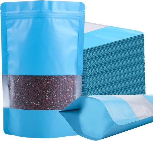 100 Pack Smell Proof Bags, Resealable Blue Mylar Bags with Matte Window, Foil Pouch Stand Up Sealable Bags for Packaging, 7.08×10.23 Inch