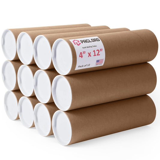 4" x 12" Reinforced Kraft Paper Mailing Tubes, Pack of 12 Tubes with 2 Caps Each – USPS Approved Poster Tube – Made in USA Cardboard Tube for Shipping and Storing Posters, Prints, Artwork, Documents