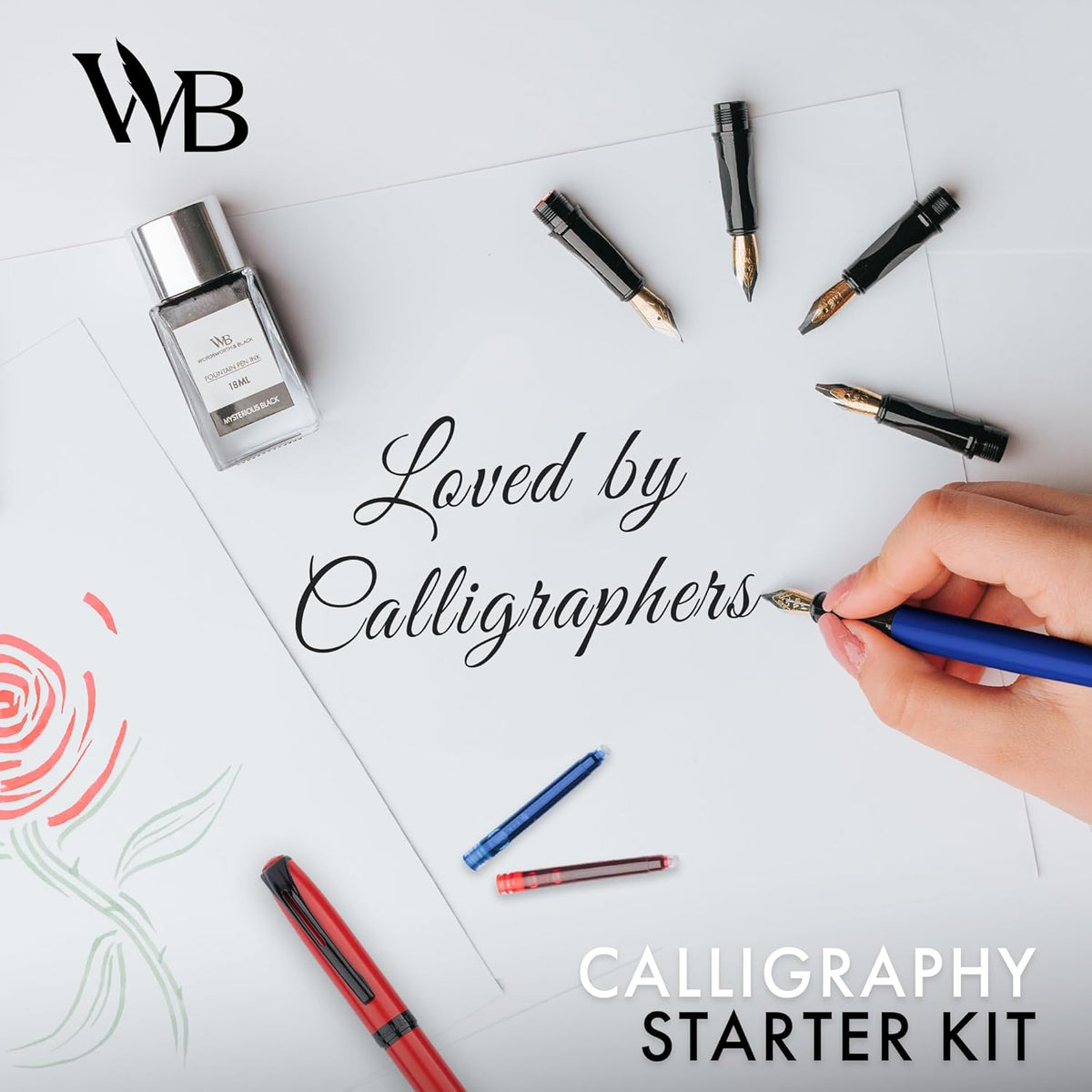 Wordsworth and Black Calligraphy Pen Set - Blue - Includes 2 Calligraphy Pens, 18 ML Ink Bottle, 60 Ink Cartridges, Ink Refill Converter, 1 Medium and 4 Broad Nibs, Brush Pen