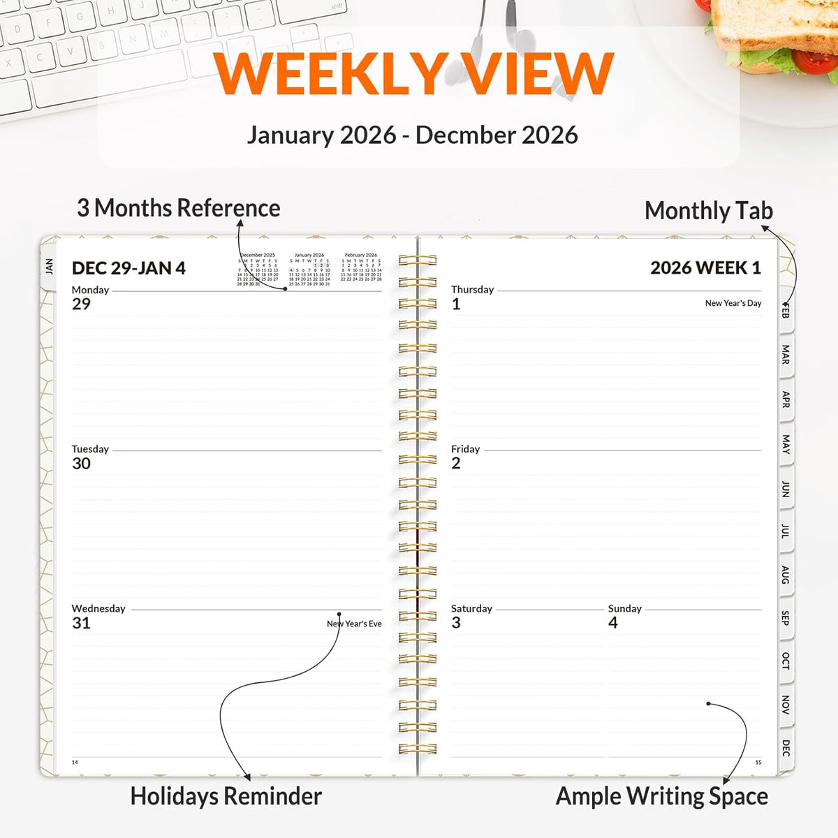 SUNEE Planner 2026 Weekly and Monthly, January 2026-December 2026, 6.4"x8.3", Tabs, Note Pages,Spiral Binding, Black