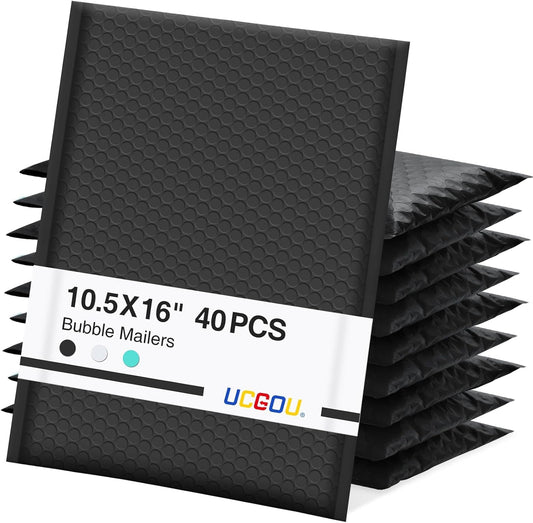 UCGOU Bubble Mailers 10.5x16 Inch 40 Pack Usable Size 10.5x15 Inch Large Padded Envelopes Black Waterproof Packaging Bags for Shipping Self Seal Strong Adhesion Envelopes for Jewelry Makeup Supplies