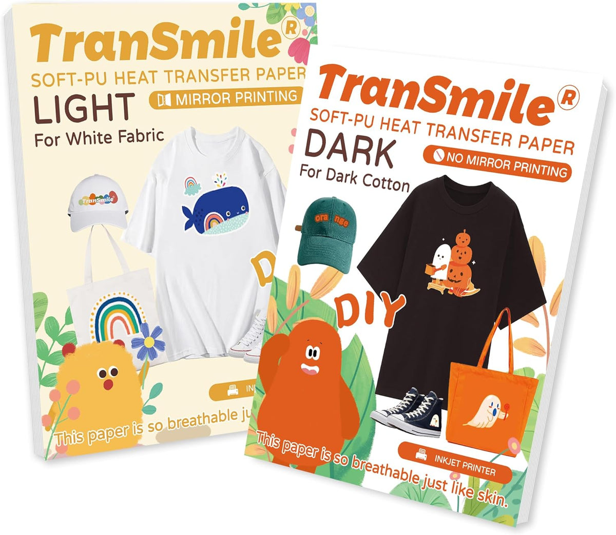 Transmile Heat Transfer Paper for White & Dark Fabrics (20 Sheets, 8.5 x 11", MIX PACK) Iron on Transfers for T Shirts Printable Heat Transfer Vinyl for Inkjet Printer