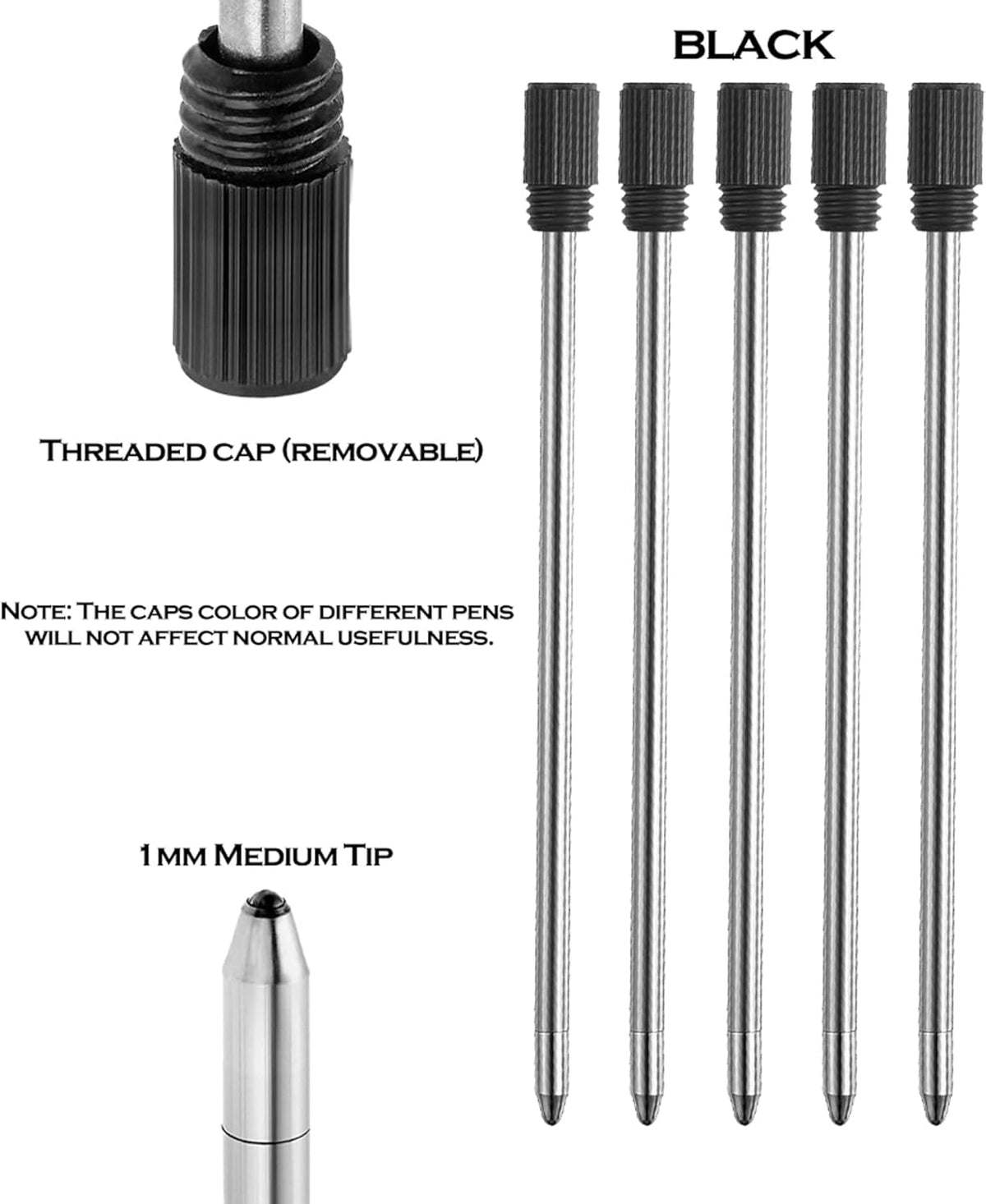 DUNBONG Ballpoint Metal D1 Refill for Multifunction Pen, Black pack of 5 pieces (Black)