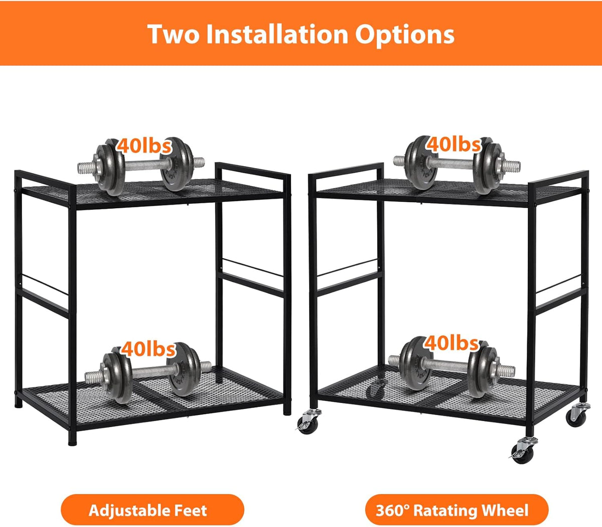 Computer Tower Stand, PC Tower Stand Metal Rolling Cart Holds up to 40lbs, 2 Tier Mobile Printer Stand with Storage Under Desk for Home & Office, Black