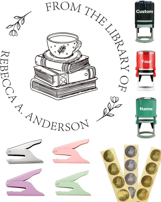 Personalized Book Embosser Stamp with Handle Set, Custom Self-Inking Library Stamp with Name & Design, Elegant Invitation Seal from Library Stamp Kit, Birthday, Book Lover Gifts（Books & Coffee）