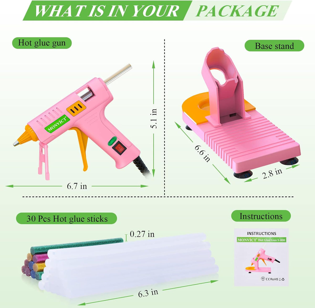 MONVICT Pink Hot Glue Gun Kit, Mini Glue Gun with Suction Cups Stand Anti Stick Silicone Mat, Hot Melt Glue Gun with Fine Tip & 30 Glue Sticks, On/Off Switch Design for DIY, Craft, Home School Project