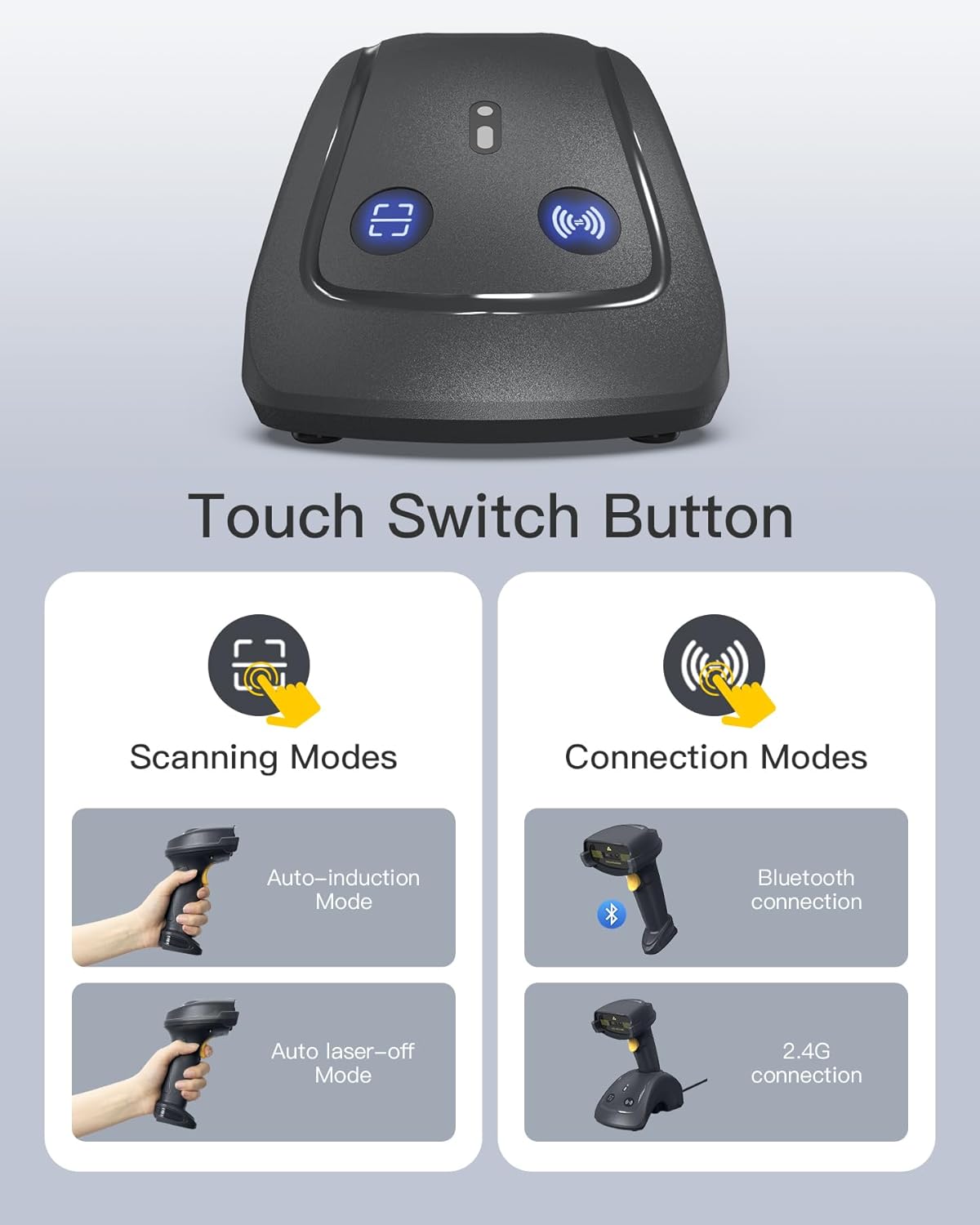 Inateck Wireless Barcode Scanner, 1D/2D QR Code Scanner with Smart Base, Bluetooth/2.4G/USB 3-in-1 Connectivity, Compatible with Windows/iOS/Android/Mac/Linux for Retail/Warehouse/Logistics