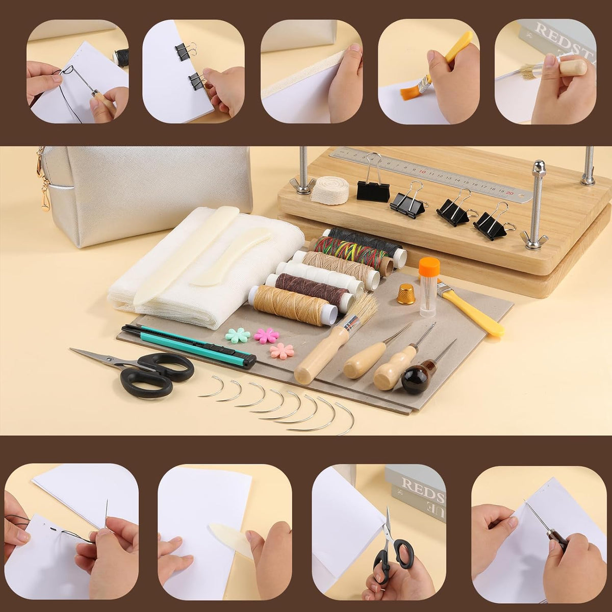 JUPEAN 45 Pcs Book Binding Kits Bookbinding Kit Book Press 7.9”x11.6” with Books Binding Materials Bone Folder Tool Webbing Strap and Storage Bag for Bindings and Repair