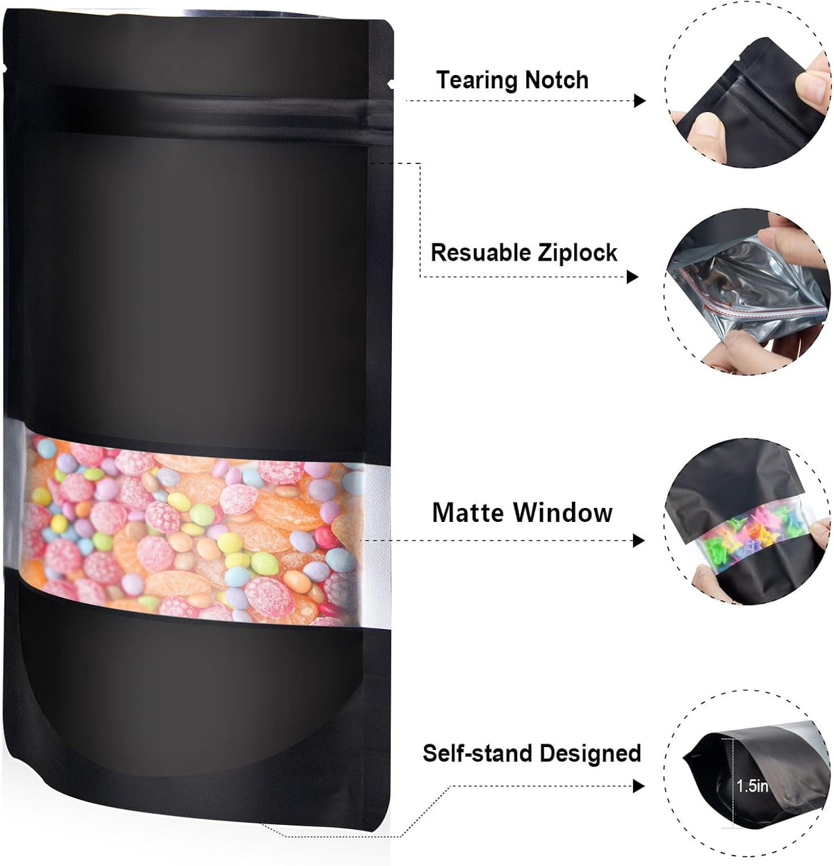3.5"x5" 120pcs Mylar Bags for Food Storage,Smell Proof Bag with Matte Window Resealable Food Storage Bags for Small Business, Stand-up Foil Pouch Packaging Freeze Dried Candy Bag(Black)