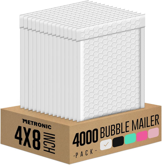 Metronic Bubble Mailers 4x8 Inch 4000 Pack White Usable Size 4x7'' Waterproof Bubble Mailer Padded Envelopes Self Seal, Cushioning Poly for Packaging, Shipping, Mailing, Small Business Supplies