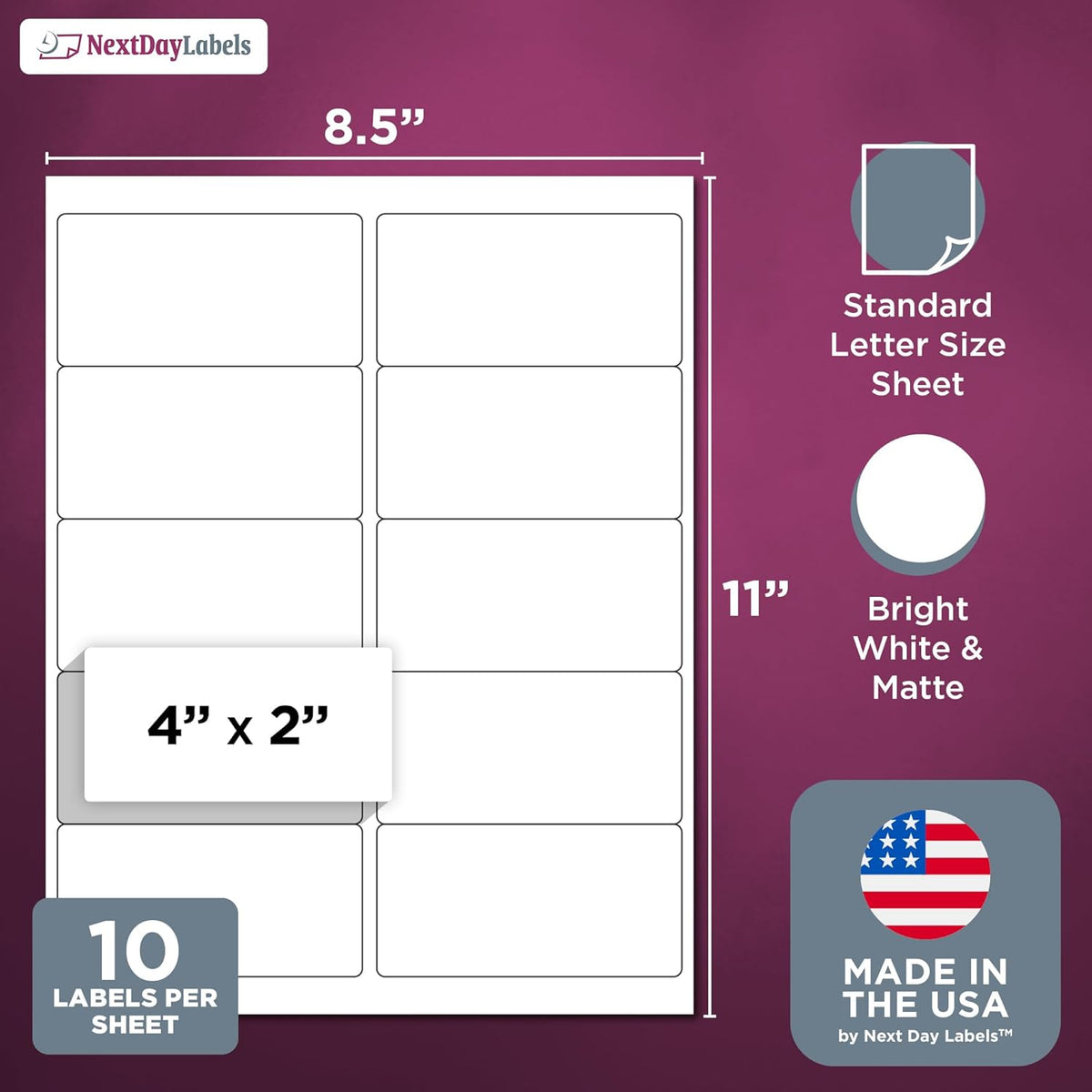 NextDayLabels – 4” x 2” Rectangular Sticker Labels for Printer - White Laser/Inkjet Printer Labels Return Address Labels Shipping Label Stickers (1000 Sheets, 10 Per Sheet, 10000 Labels)
