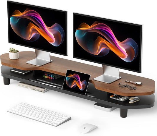 2 Tier Dual Monitor Stand Riser,Wider Board Computer Monitor Stand for 2 Monitors,Slot For Phone/Tablet Office Desktop Organizer for Laptop,PC,Computer,Printer,Walnut Finish
